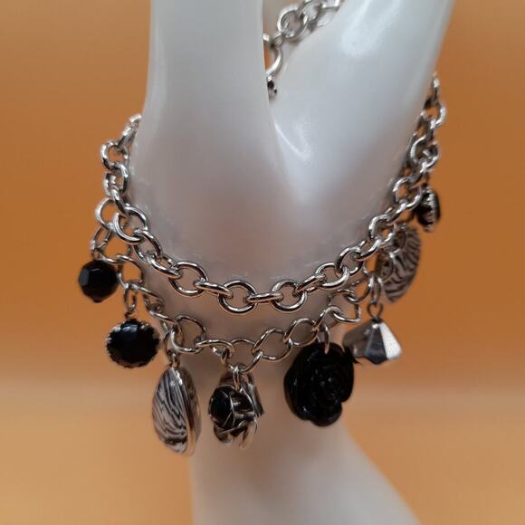 Silver Tone Charm Bracelet, Roses Zebra Heart Black Bead Rhinestone Toggle Clasp - Picture 2 of 10